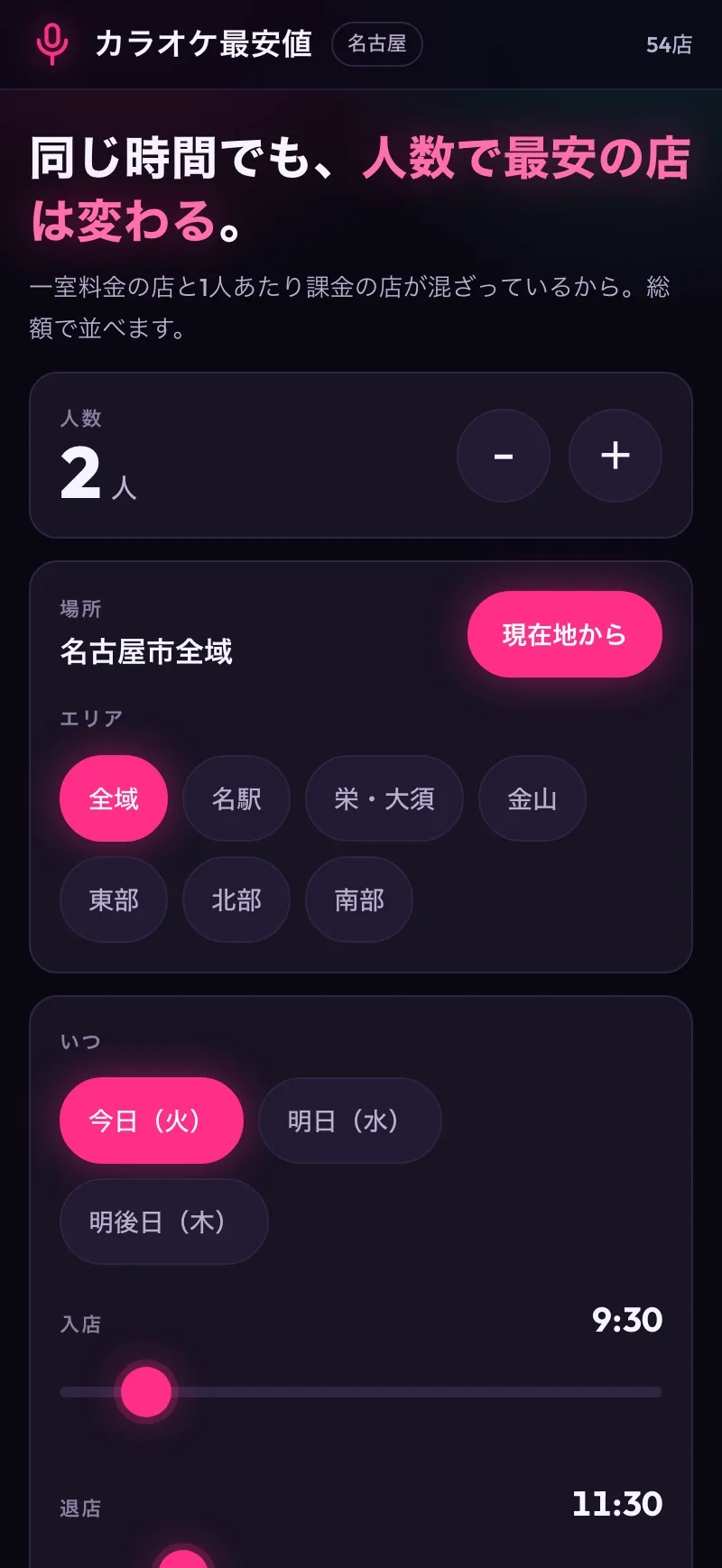 Karaoke Saiyasu: set party size, area and time to compare total price