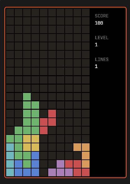 Tetris in Java 完成形のスクリーンショット。ブロックが積まれた盤面と SCORE / LEVEL / LINES のサイドパネル。
